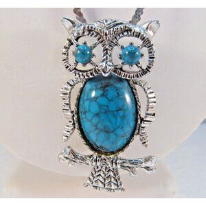 Vintage Faux Turquoise Owl Combo Brooch Pendant Necklace Signed Gerry